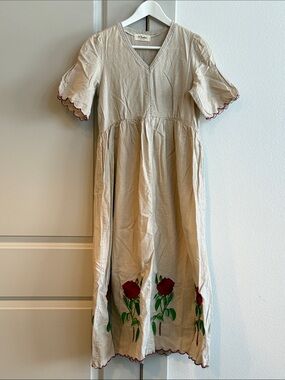 Hand-Embroidered Cream Midi Dress with Red Rose Detail